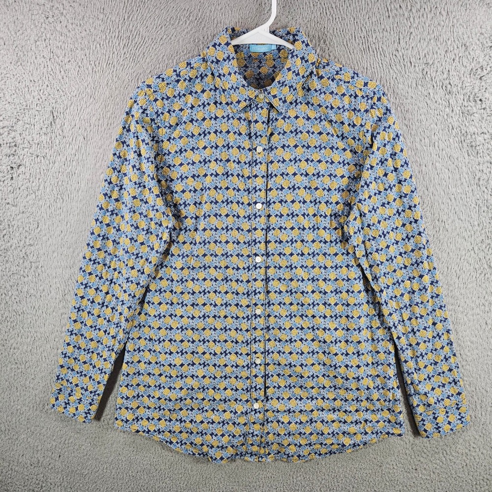 J.McLaughlin Womens Pineapple Print Button Down Shirt Blue Yellow Cotton‎ Size S